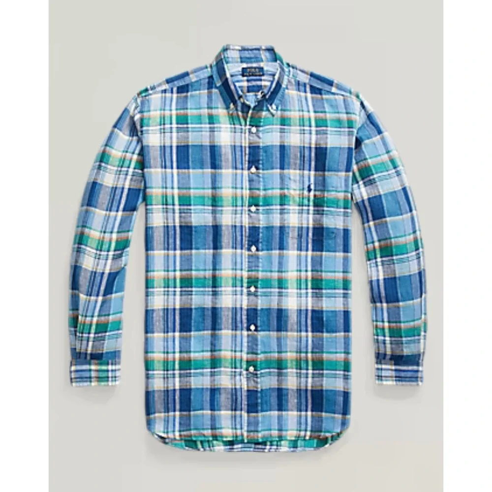 NWT Polo Ralph Lauren‎ Button Down Plaid Linen Shirt Men Size 2XB Blue Green